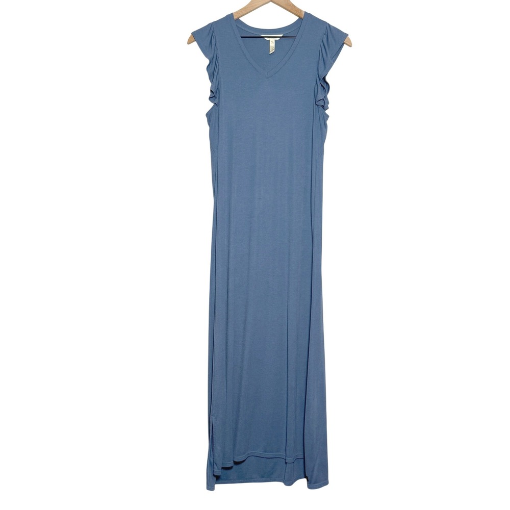 Matilda Jane Womens Maxi Dress M Blue Modal Shirt Soft Ribbed Ruffle Boho Casual